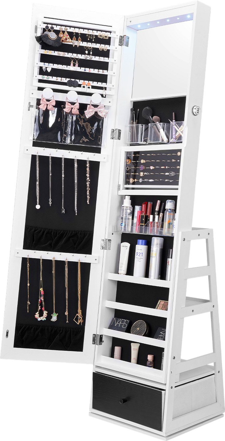 Vevor Mirror Jewelry Cabinet 360° Swivel Full Length Lockable Organizer with Shelves and Drawer New