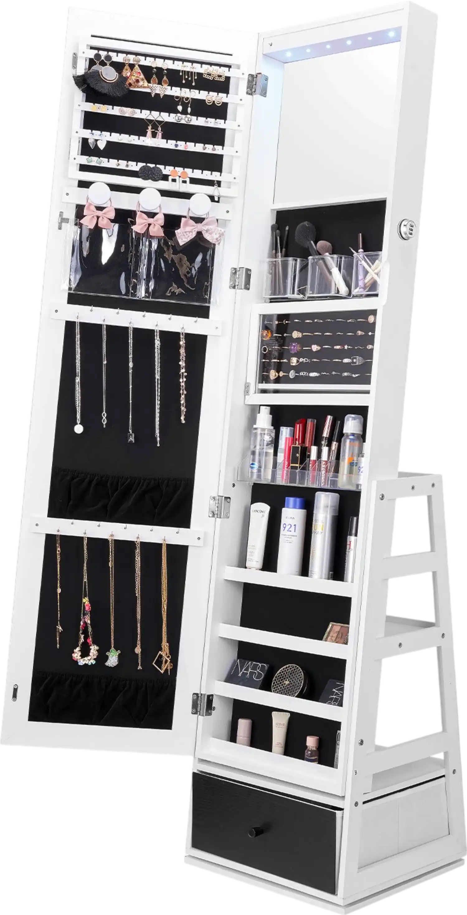 Vevor Mirror Jewelry Cabinet 360° Swivel Full Length Lockable Organizer with Shelves and Drawer New