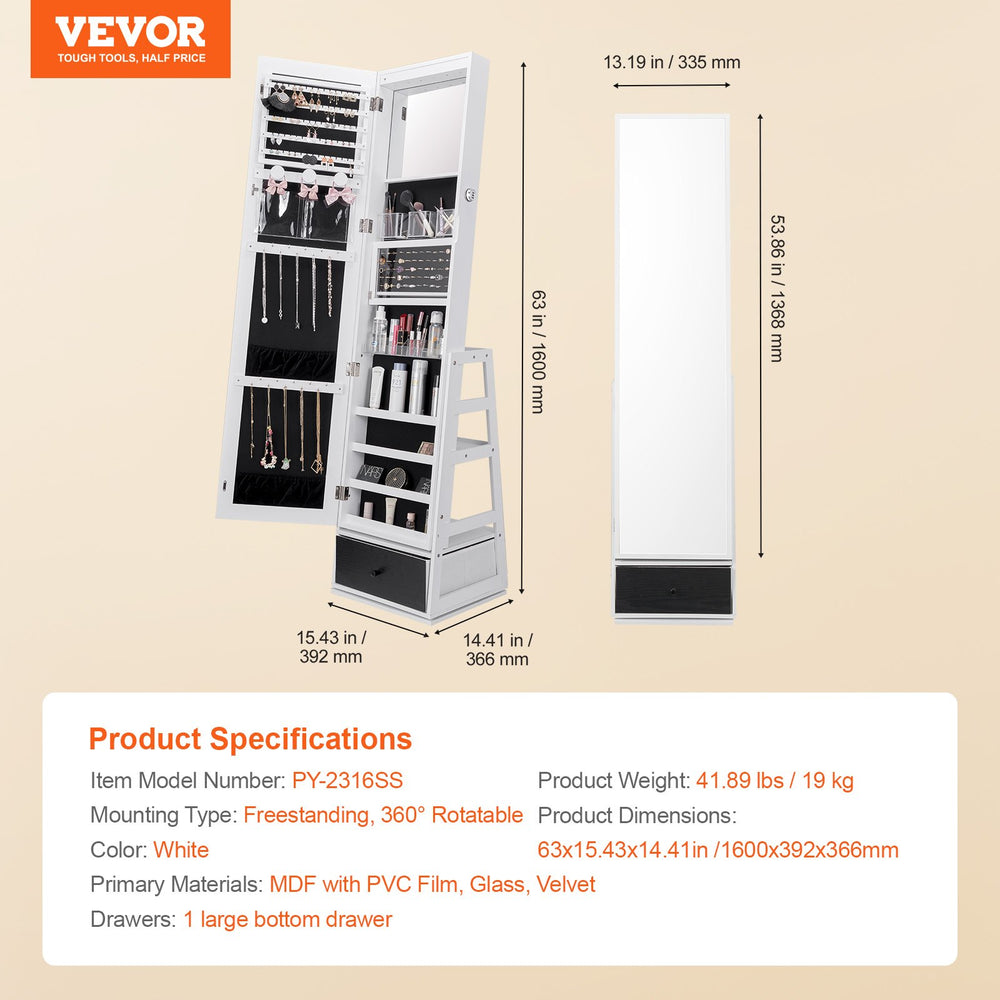 Vevor Mirror Jewelry Cabinet 360° Swivel Full Length Lockable Organizer with Shelves and Drawer New
