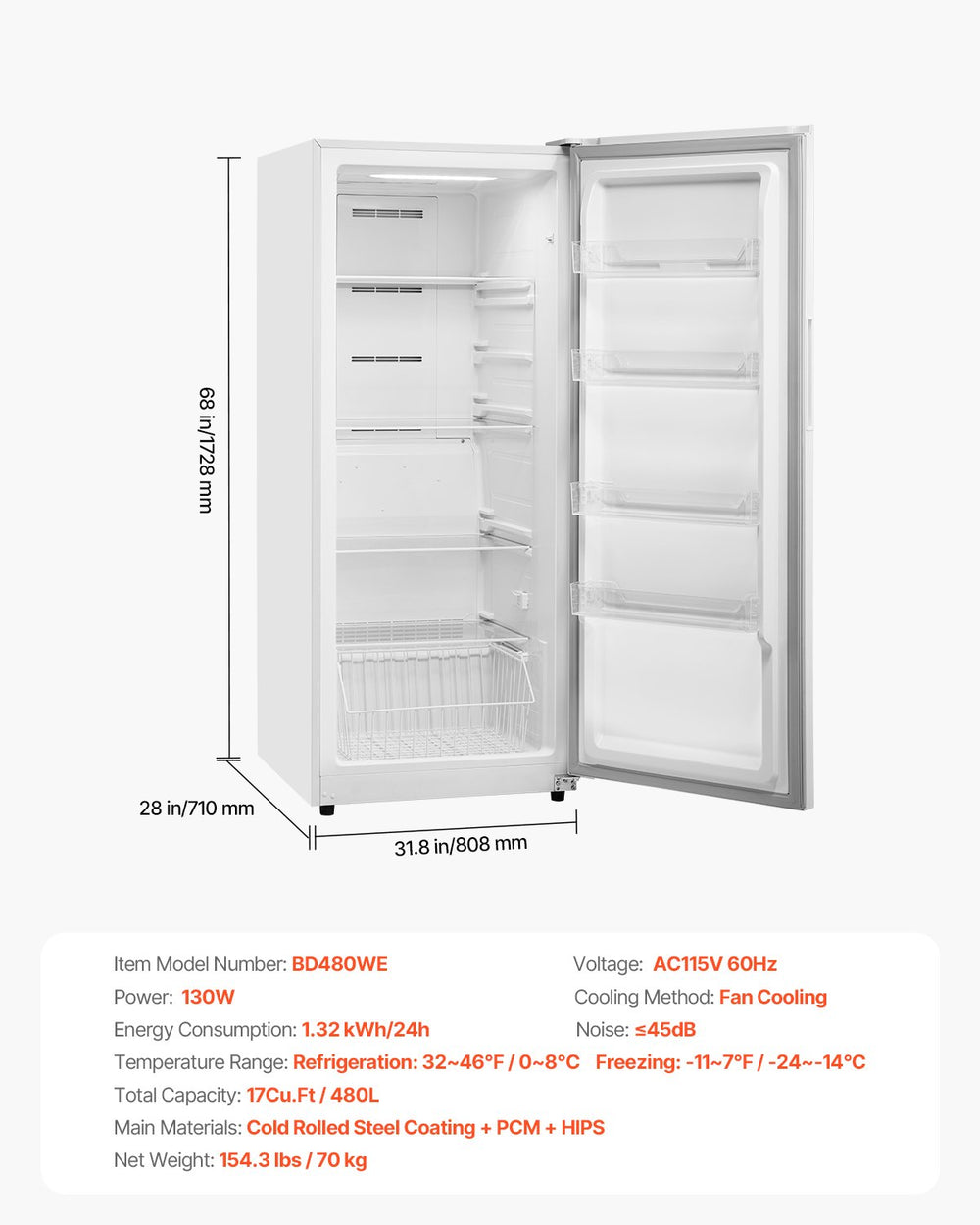 Vevor Convertible Freezer Refrigerator 17 Cu. Ft. Upright Frost Free with Digital Control New