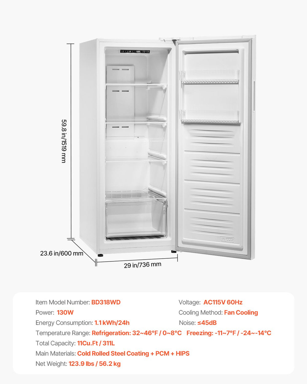Vevor Convertible Freezer Refrigerator 11 Cu. Ft. Upright Frost Free with Digital Control New