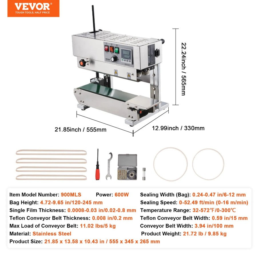Vevor Continuous Bag Band Sealer 600W Vertical Up to 52.5 ft/min Speed New
