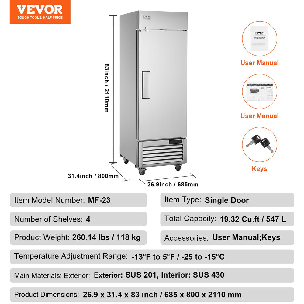 Vevor Commercial Freezer 19.32 Cu. Ft. Upright Reach-In Single Door 27" Stainless Steel 4 Shelves New