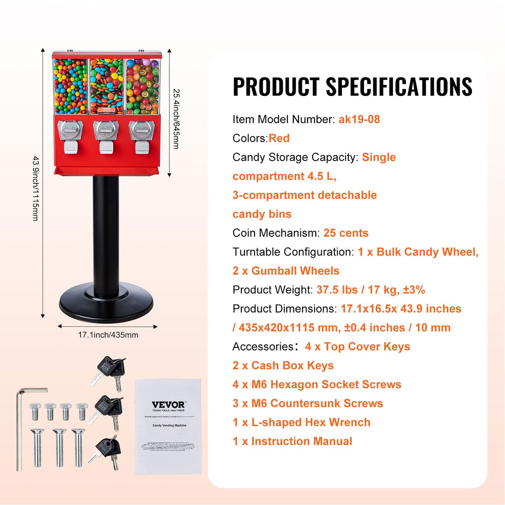 Vevor Commercial Vending Machine 3 Compartment Coin Operated Candy Dispenser with Stand New