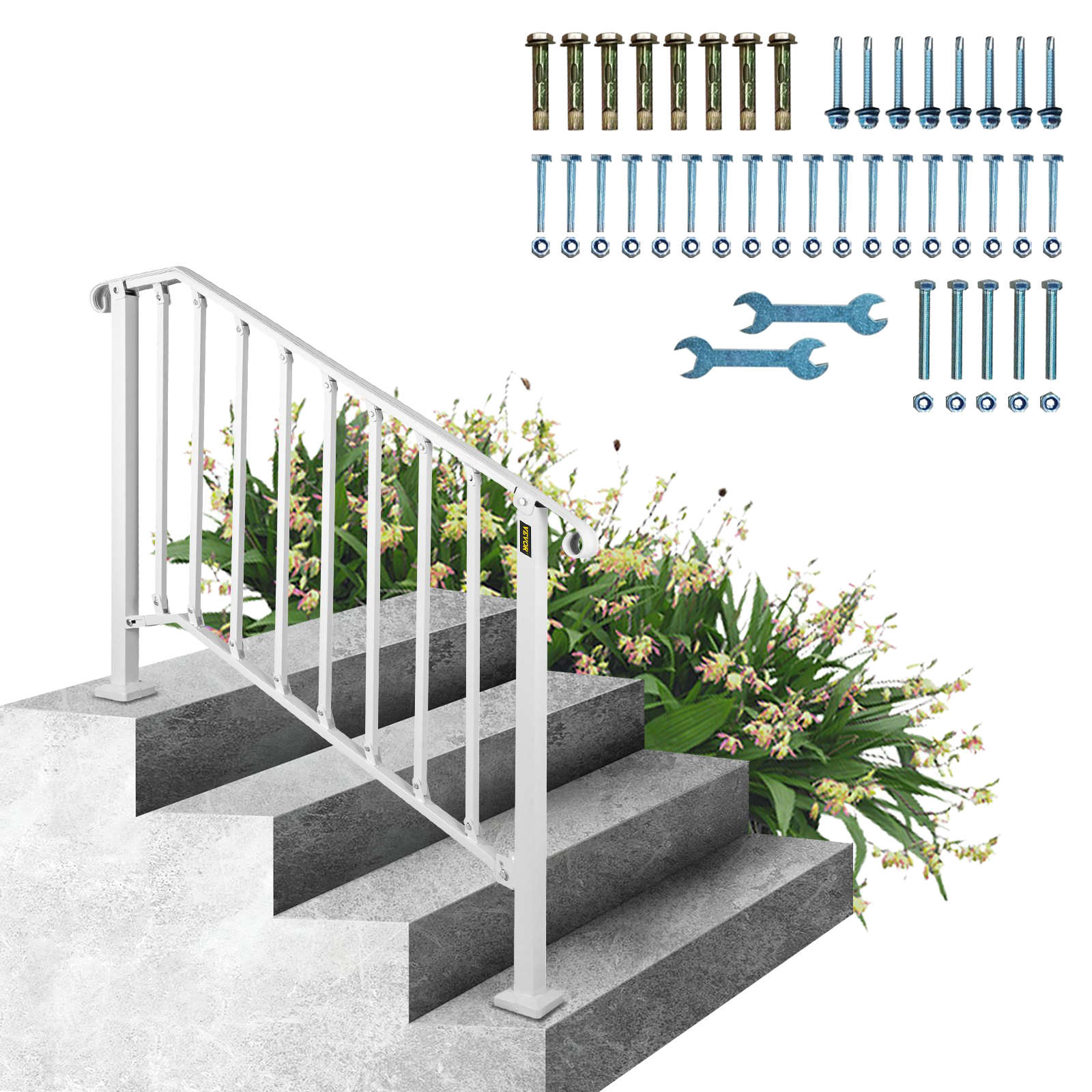 Vevor Stair Handrail 3-4 Steps Outdoor Wrought Iron Railing for Concrete or Wooden Stairs White New