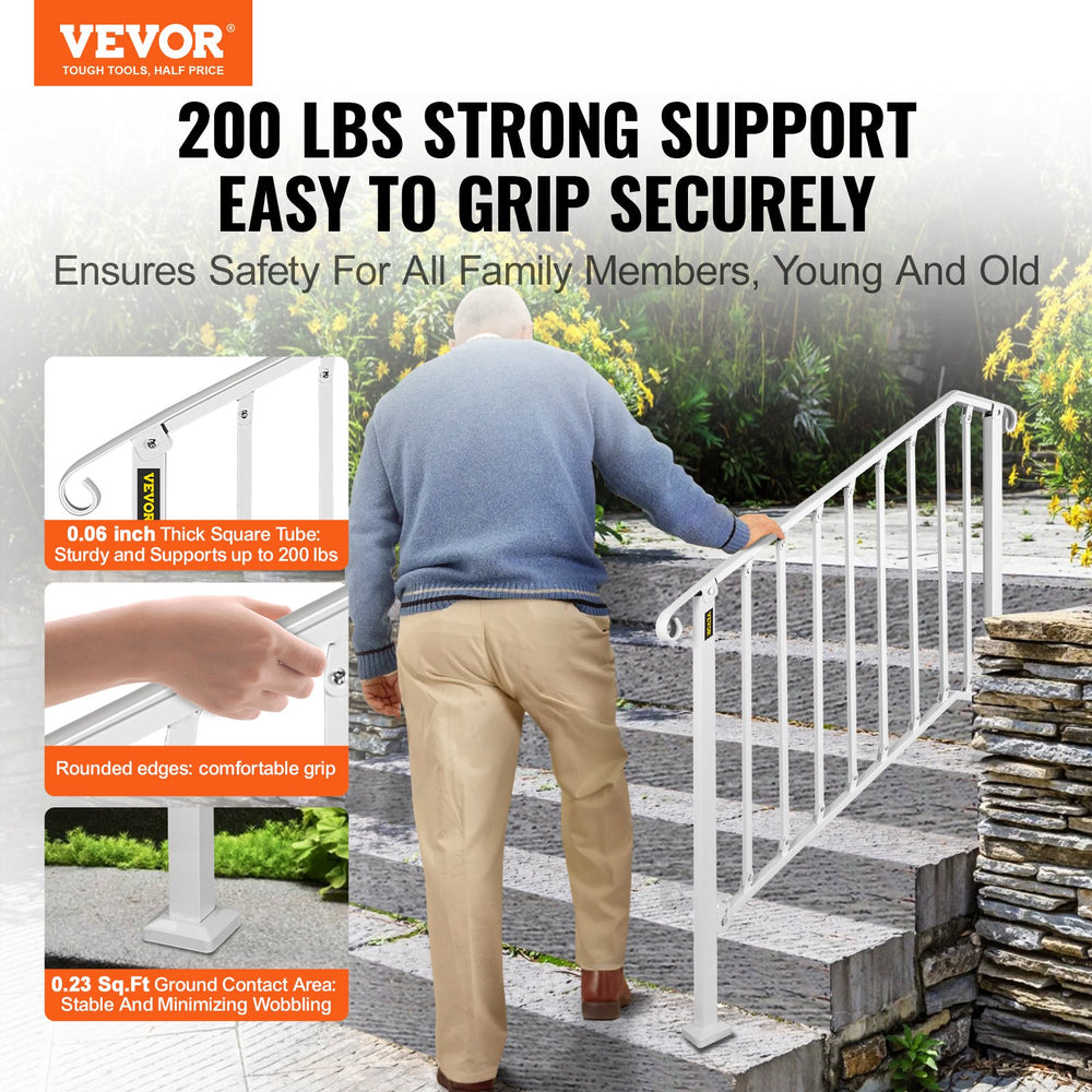 Vevor Stair Handrail 3-4 Steps Outdoor Wrought Iron Railing for Concrete or Wooden Stairs White New
