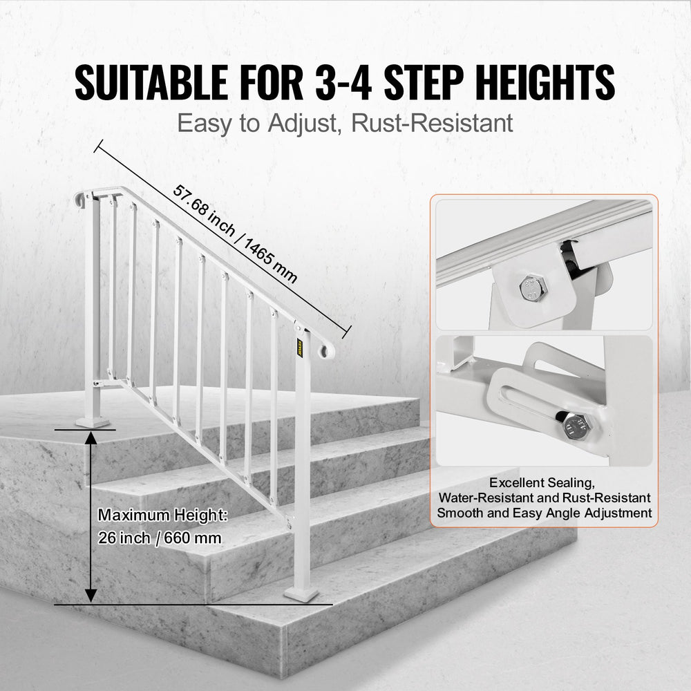 Vevor Stair Handrail 3-4 Steps Outdoor Wrought Iron Railing for Concrete or Wooden Stairs White New
