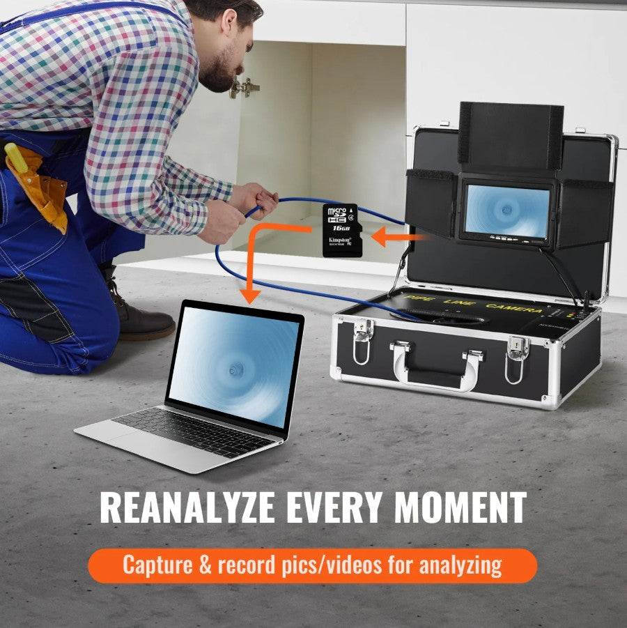 Vevor Pipeline Inspection Camera 165' Length 7" LCD Screen LED Lights 16GB SD Card New