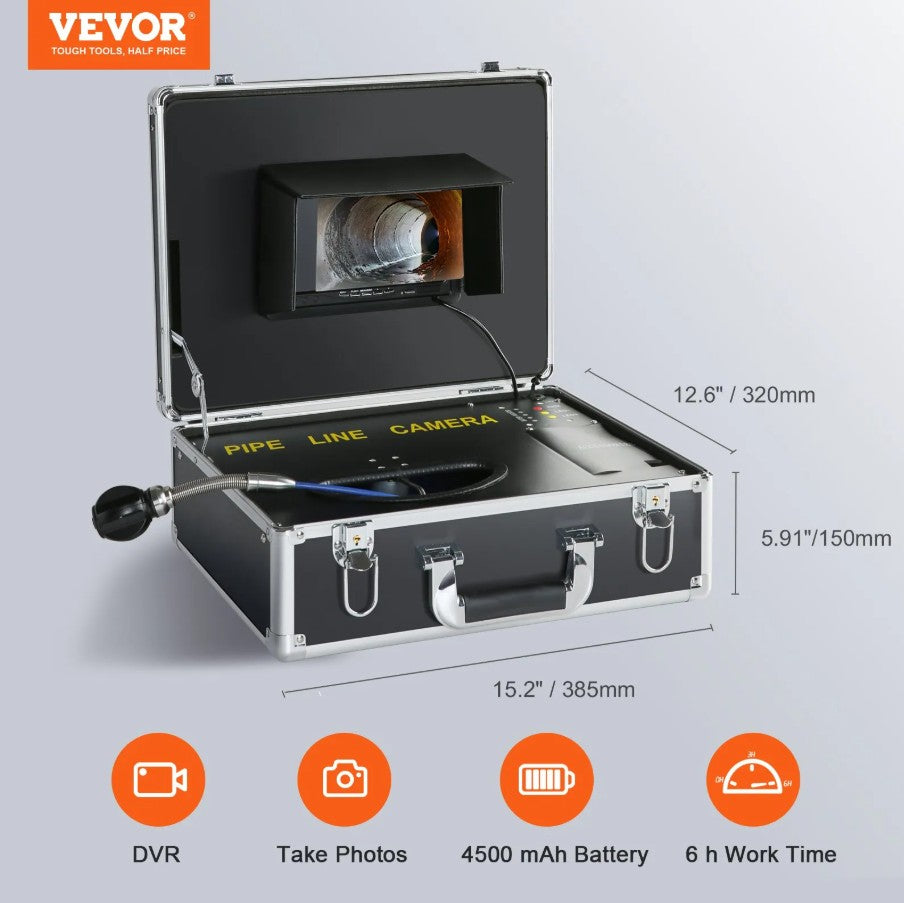 Vevor Pipeline Inspection Camera 165' Length 7" LCD Screen LED Lights 16GB SD Card New
