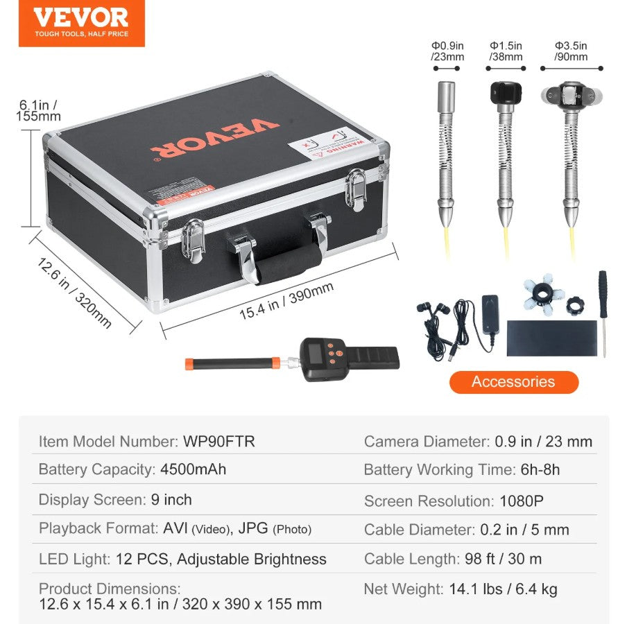 Vevor Self-Leveling Sewer Camera 98' with 512Hz Locator and 36X Zoom New