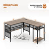 L-shaped computer desk in gray with adjustable shelf, power sockets, and USB ports for efficient home office use.
