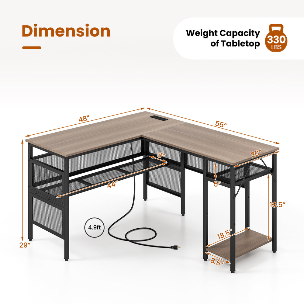 L-shaped computer desk in gray with adjustable shelf, power sockets, and USB ports for efficient home office use.