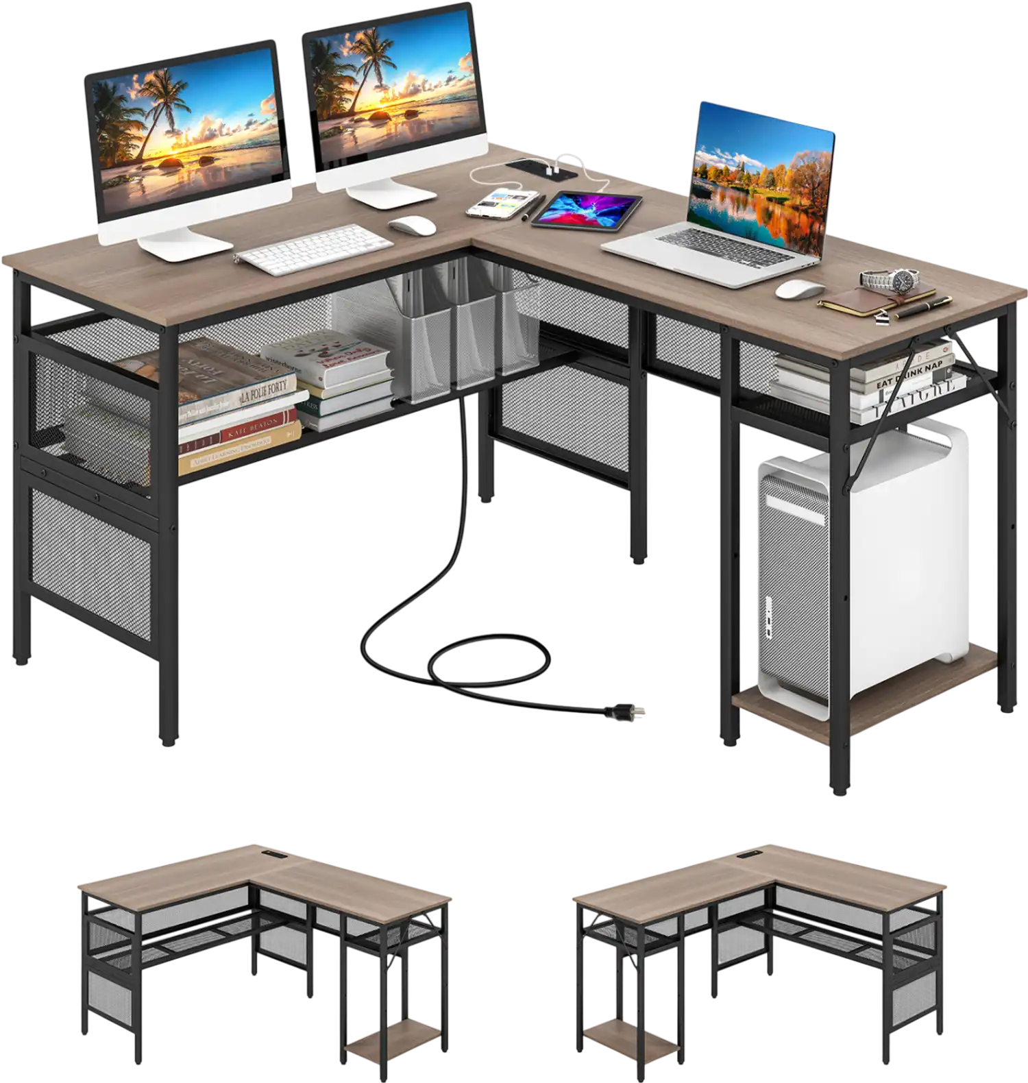 Costway L-Shaped Computer Desk w/ Charging Station Adjustable Shelf 79863251 New