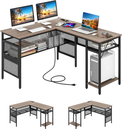 Costway L-Shaped Computer Desk w/ Charging Station Adjustable Shelf 79863251 New