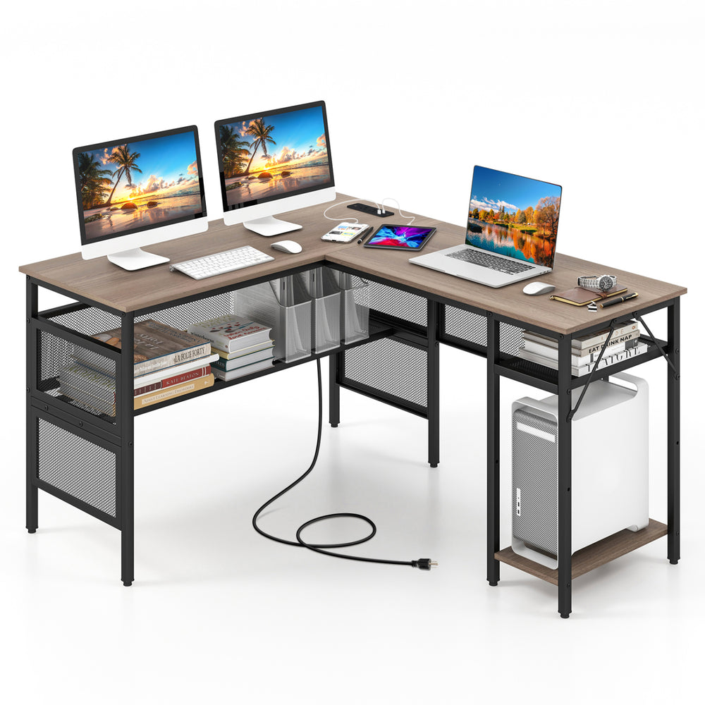 L-shaped computer desk in gray with charging station, adjustable shelf, and spacious design for home office use.
