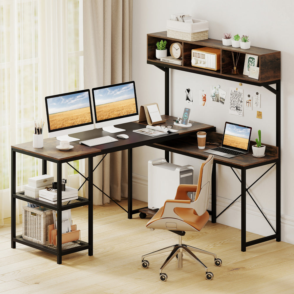 L-shaped computer desk with storage hutch, built-in power outlets, and heavy-duty metal frame for a tidy workspace.