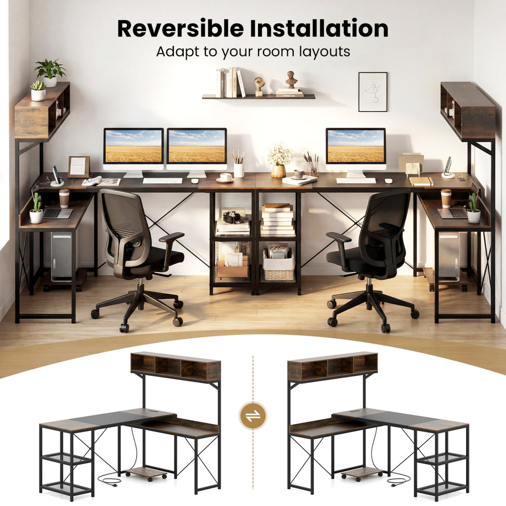 L-shaped computer desk with storage hutch, built-in power outlets, and reversible installation for adaptable layouts.
