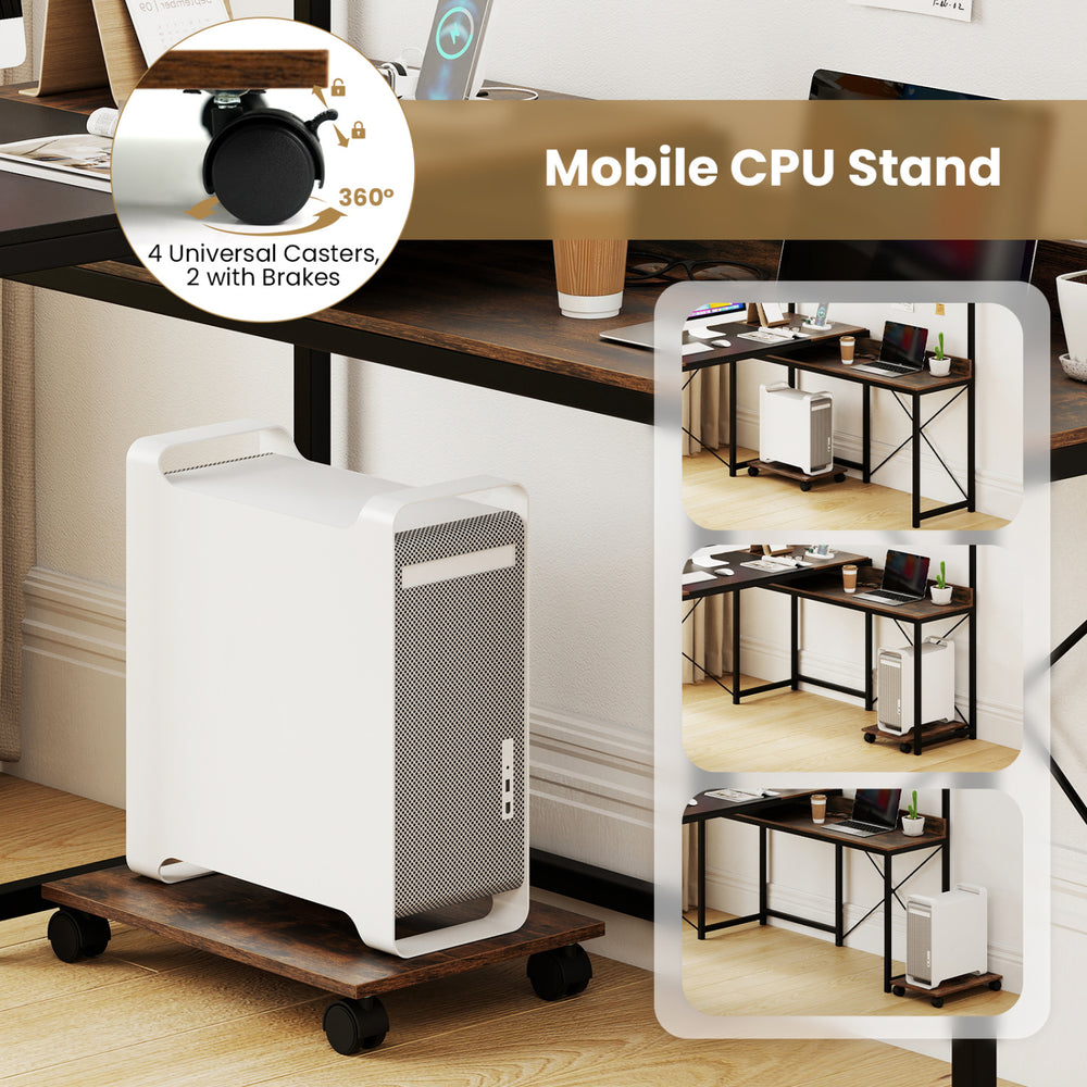 Mobile CPU stand with 4 casters, 2 with brakes, for flexible placement under the L-shaped computer desk.