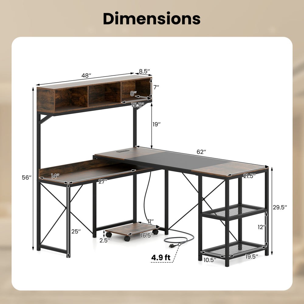 L-shaped computer desk dimensions with storage hutch, power outlets, and metal frame for a tidy workspace.