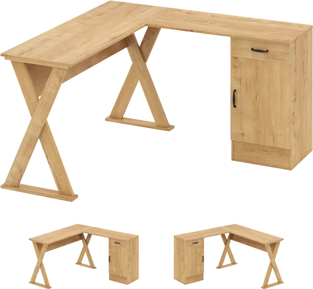 L-shaped computer desk in oak showcases a sturdy X-shaped structure, perfect for maximizing corner workspace efficiency.