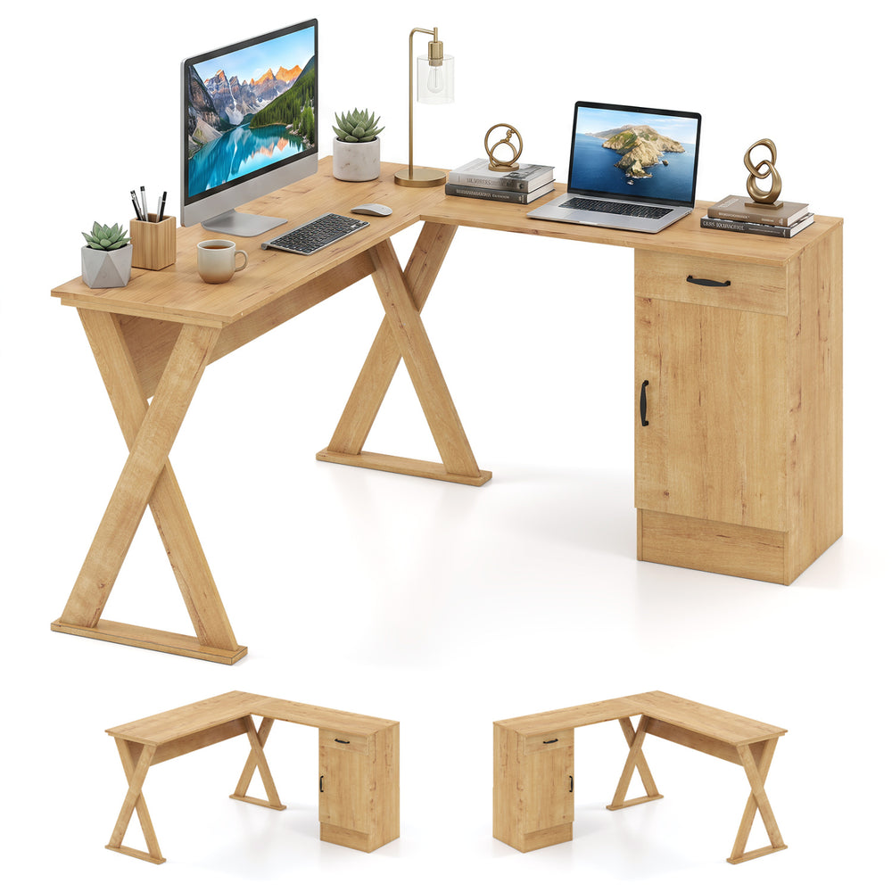 L-shaped oak computer desk with reversible drawer and cabinet, designed for efficient corner workspace in small areas.