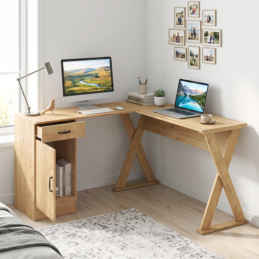 L-shaped oak computer desk features a reversible drawer and cabinet, ideal for small spaces and efficient work areas.