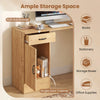 L-shaped computer desk in oak with a pull-out drawer and single door cabinet, ideal for small spaces and efficient storage.