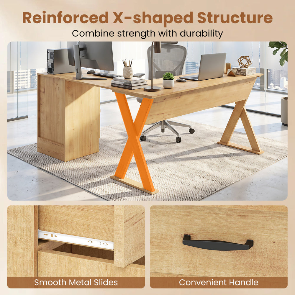 L-shaped computer desk in oak with a reversible drawer and cabinet, designed for efficient small space workstations.