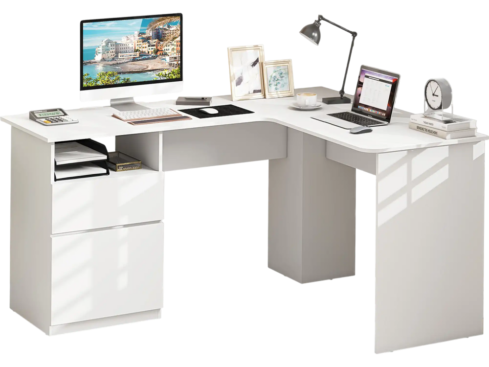 L-shaped white computer desk with spacious top, file drawer, and cable management, perfect for efficient workspace.