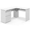 L-shaped white computer desk featuring a spacious top, file drawer, and efficient cable management for organized.