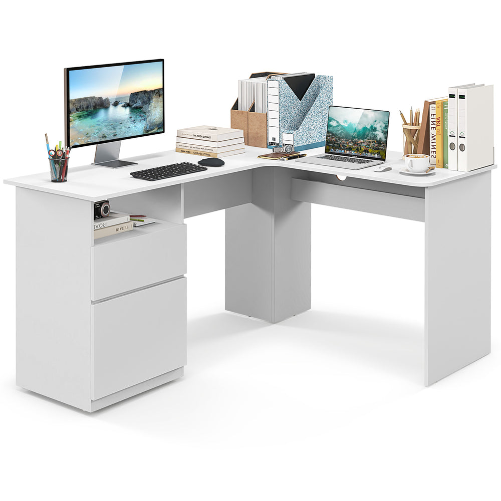 L-shaped computer desk in white with spacious desktop, file drawer, and cable management for efficient workspace.