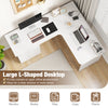 L-shaped white computer desk featuring a spacious desktop, letter file drawer, and efficient cable management for.
