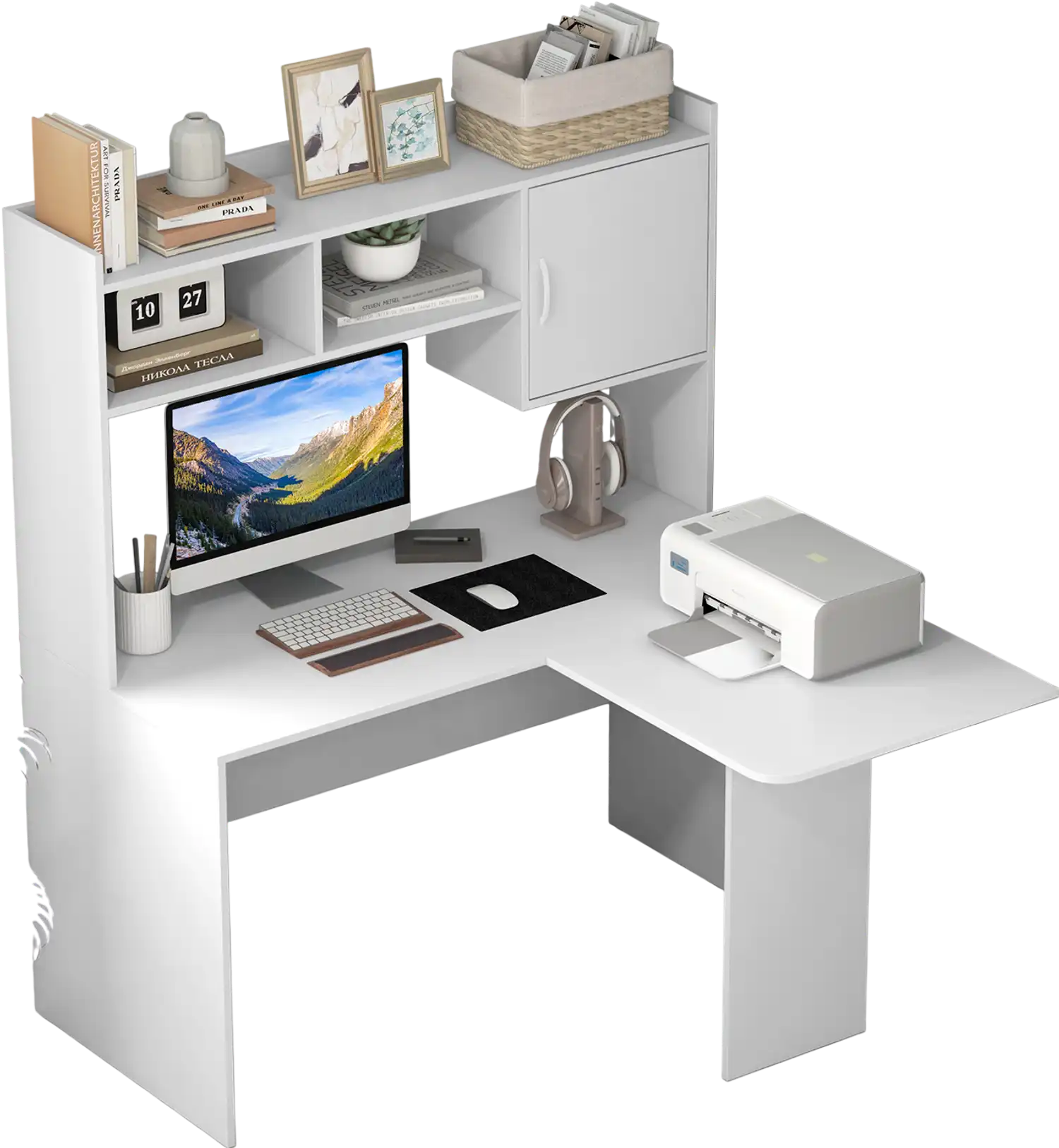 Costway L-Shaped Corner Computer Desk with Storage Hutch Cabinet White 64281379 New