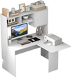 L-shaped white corner desk with open storage hutch, cabinet, and modern design for a clutter-free workspace.