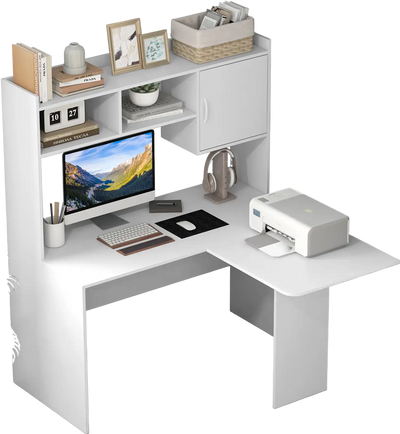 Costway L-Shaped Corner Computer Desk with Storage Hutch Cabinet White 64281379 New