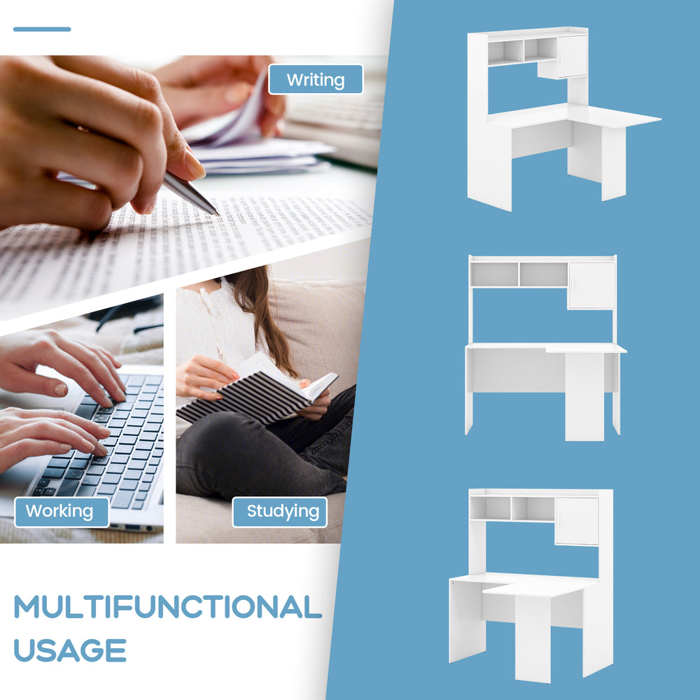 L-shaped white computer desk with open storage hutch, ideal for working, studying, or writing in a modern home office.