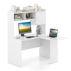 L-shaped white computer desk with open storage hutch and cabinet, ideal for working, studying, or gaming.