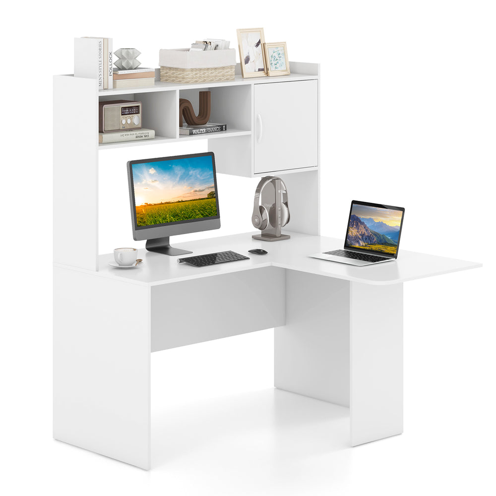 L-shaped white computer desk with open storage hutch and cabinet, ideal for working, studying, or gaming.