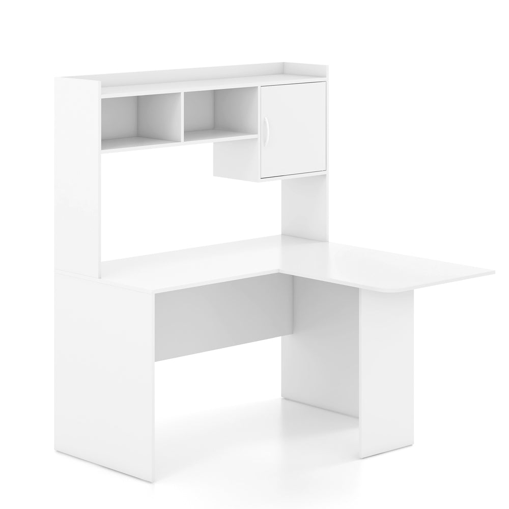 L-shaped white computer desk with open storage hutch and cabinet, ideal for home office or study use.