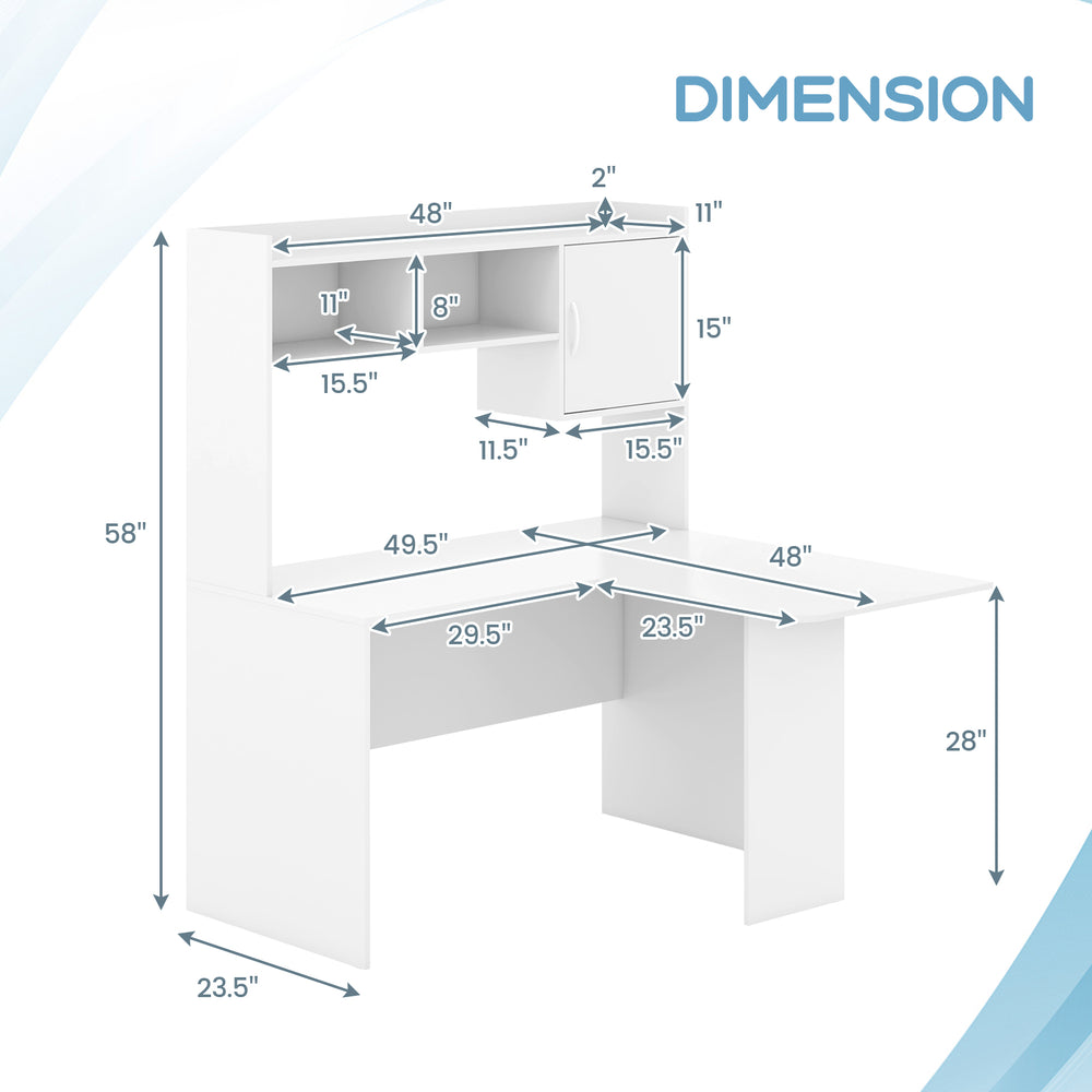 L-shaped white desk with open storage hutch and cabinet, featuring dimensions for a clutter-free workspace.