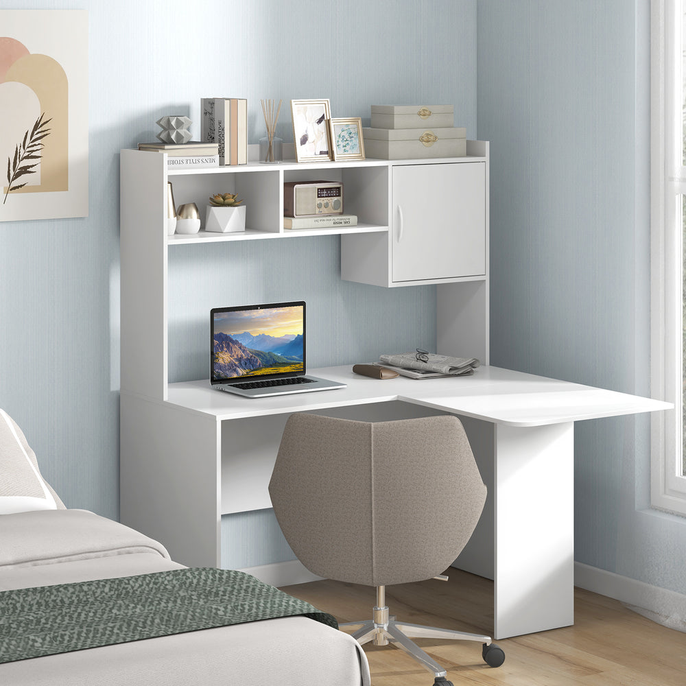 L-shaped white computer desk with open storage hutch and cabinet, perfect for studying or working in a modern home.