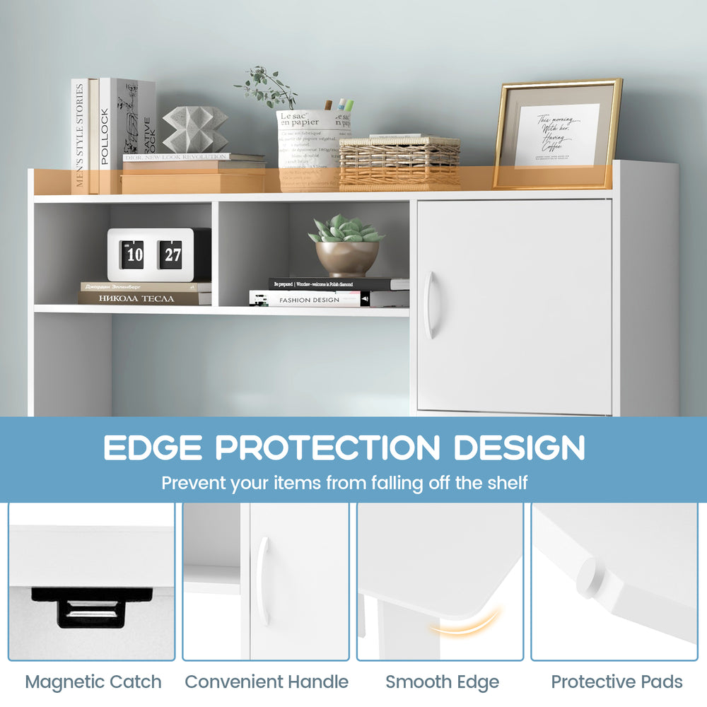 L-shaped corner computer desk in white with open storage hutch, cabinet, and edge protection design for a clutter-free.