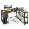 L-shaped desk in rustic brown with charging station, open shelves, and two fabric drawers for versatile workspace use.
