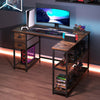 L-shaped rustic brown desk with charging station, open shelves, and two fabric drawers for versatile workspace use.