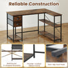 L-shaped desk in rustic brown with charging station, fabric drawers, and open shelves for versatile workspace solutions.