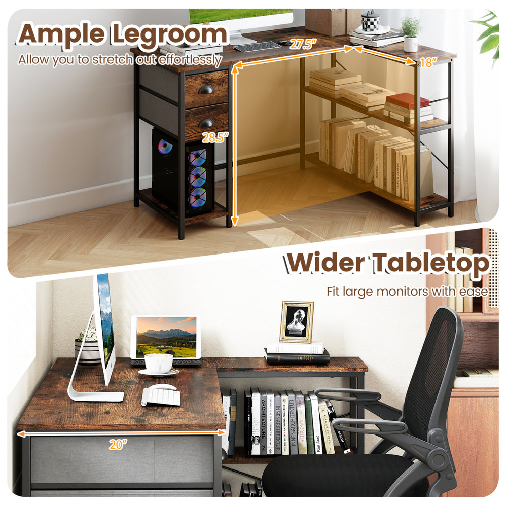 L-shaped desk in rustic brown with spacious tabletop, built-in charging station, and two fabric drawers for versatile.