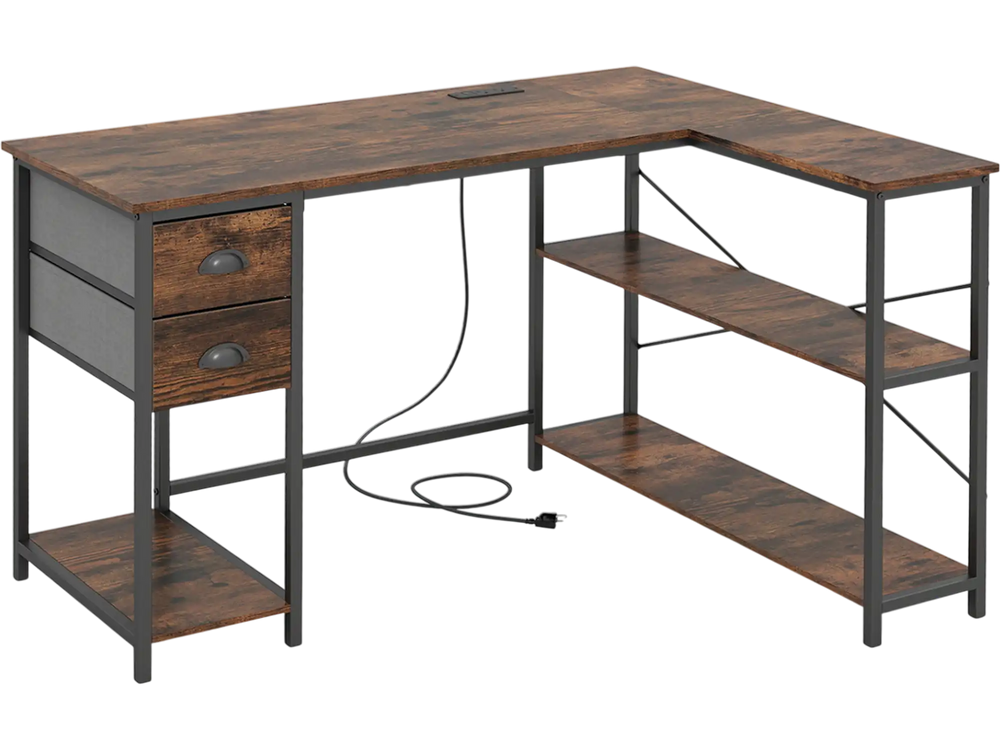 L-shaped desk in rustic brown with two fabric drawers and open shelves, designed for efficient corner workspace use.