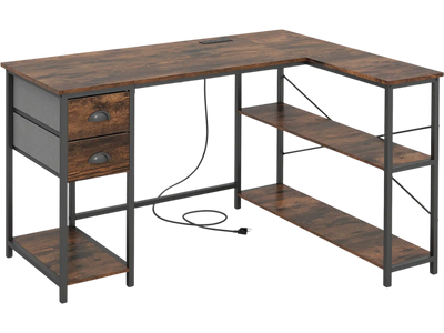 Costway L-Shaped Corner Computer Desk w/ Charging Station & 2 Fabric Drawers 90442106 New