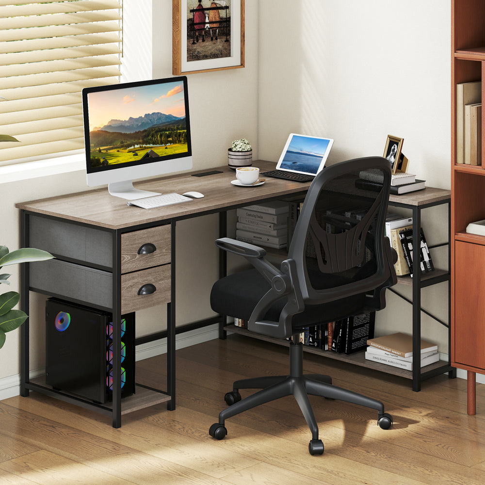 L Shaped Desk with Charging Station Corner Computer Desk with 2 Fabric Drawers-Oak - Gallery View 1 of 11