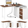 L-shaped desk with file cabinet, reversible design, and power outlet for organized workspace and flexible setup.